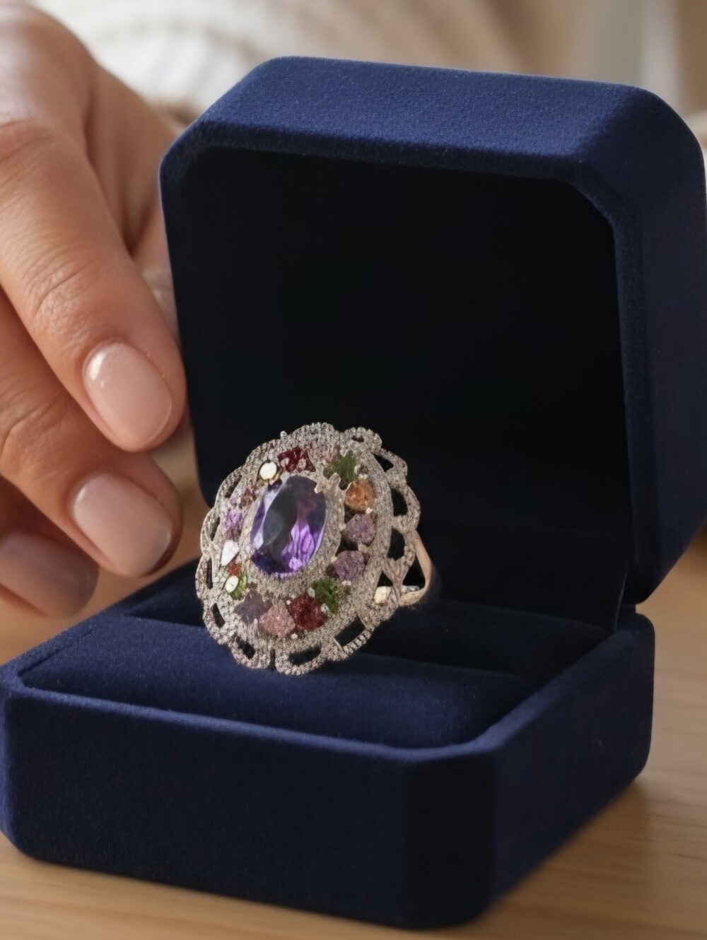 Sterling Silver 925 Multi‑Stone Amethyst Ring Boho Artisan Statement